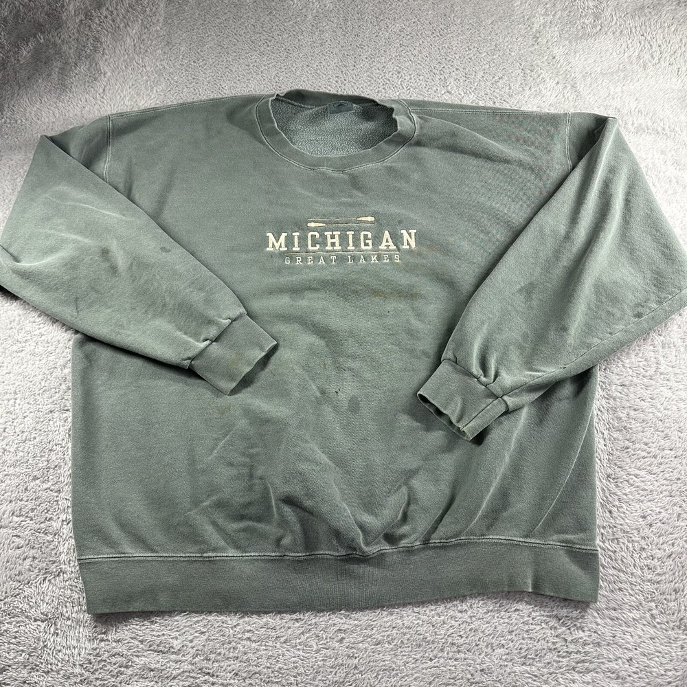 Vintage Michigan Destination Crewneck Mens XL Green Embroidered Faded Distressed